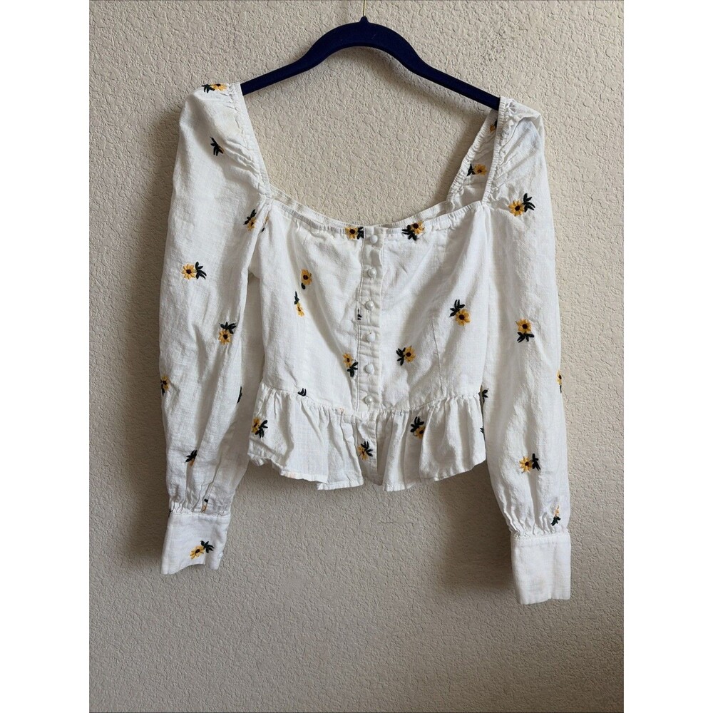Cropped Sunflower Embroidery Blouse Shirt Puff Sleeve S Square Boho Cottage